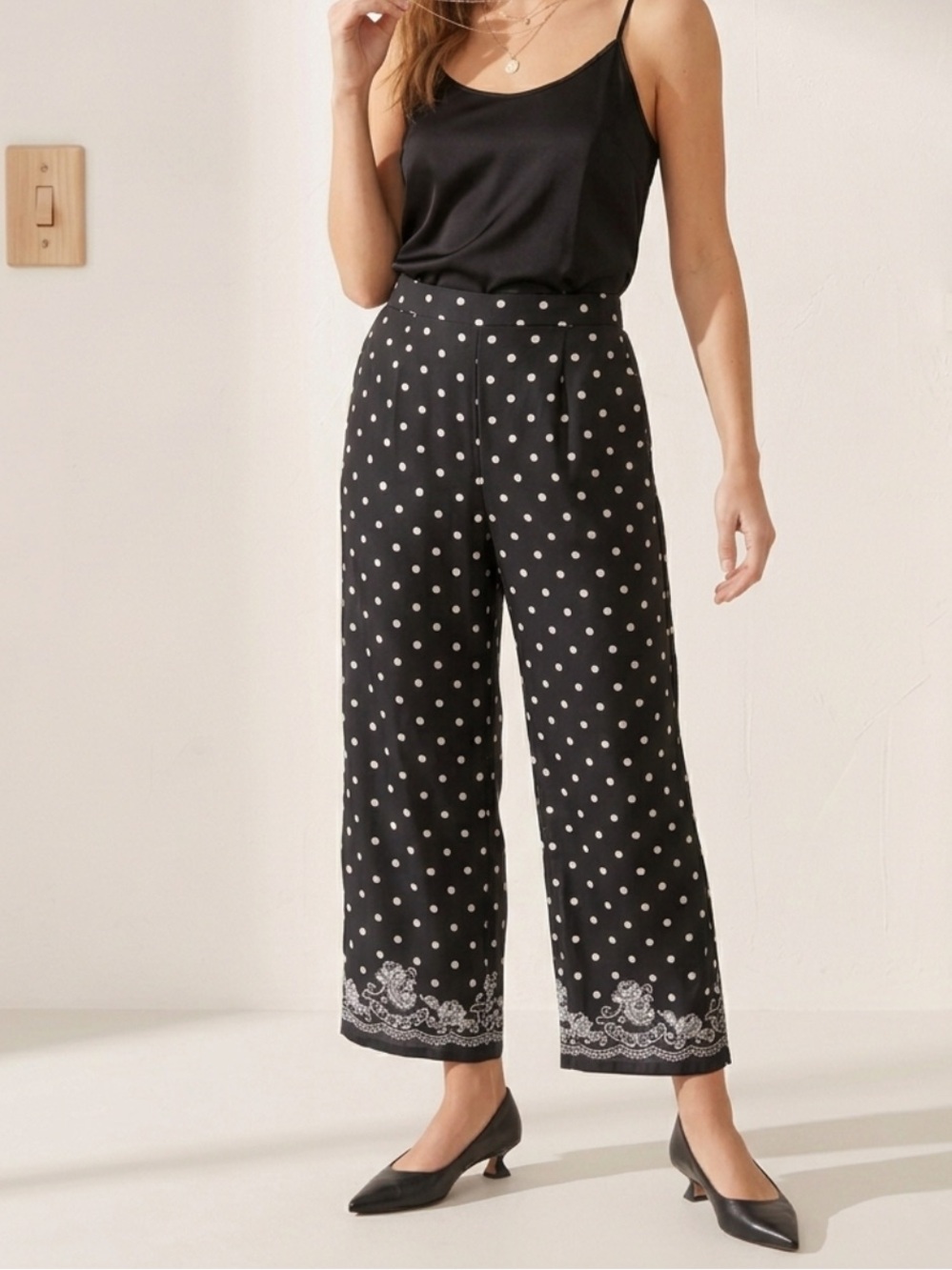 SilkLand Vintage 100% Silk Black & White Polka Dot Cropped High Waisted Trousers